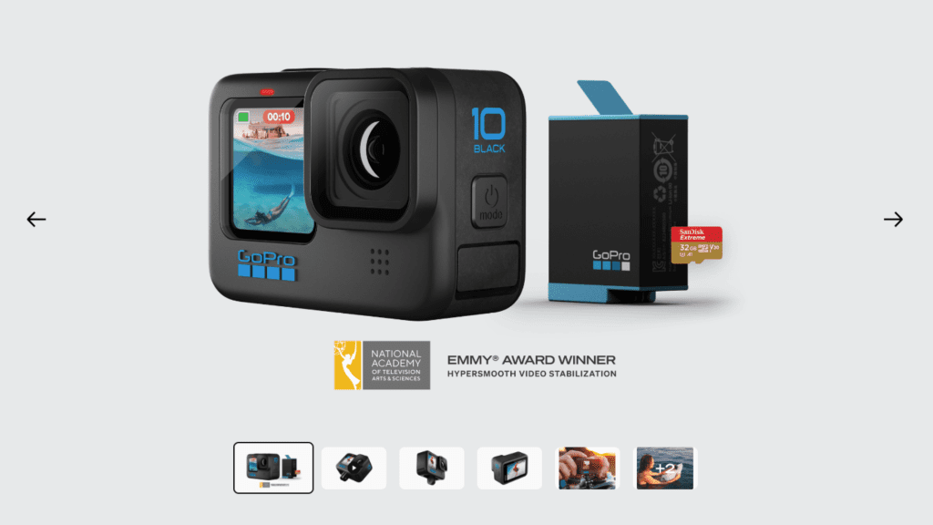 GoPro uses lifestyle images and product photos to showcase the product features.