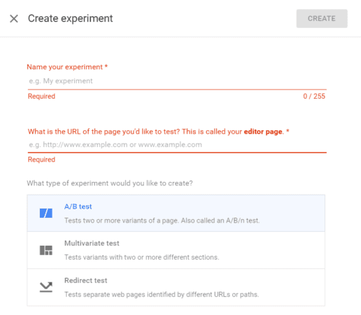 Setting up an experiment type in Google Optimize